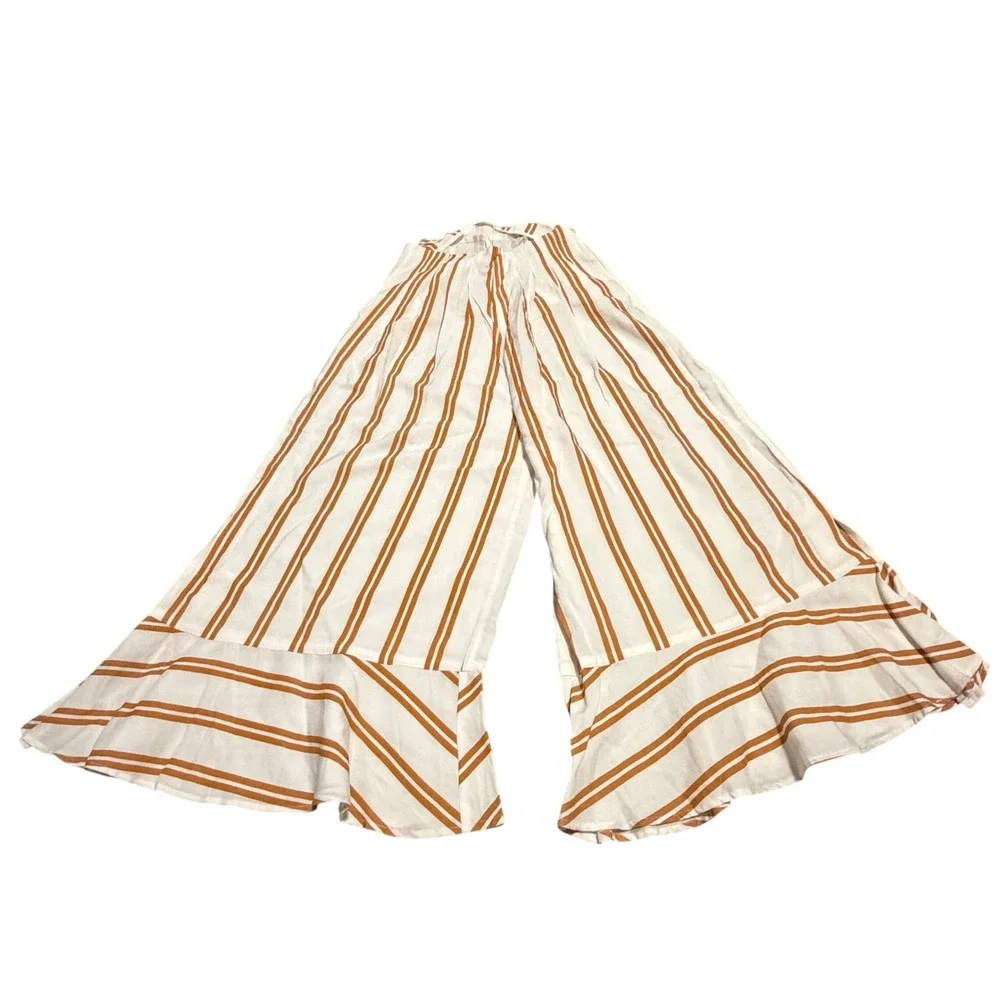 Sancia Emele Pant Maryel Stripe‎ Ochre White Linen Ruffle Wide Leg Women M NWT